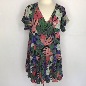 Tiered babydoll soft v neck flowy ANGIE mini dress with ruffled hem/sleeve Small